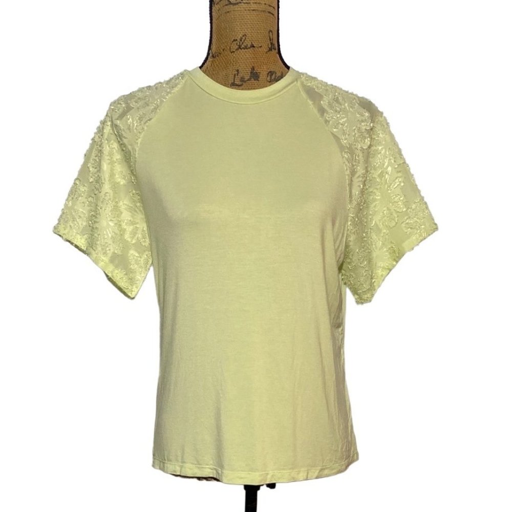 Ryegrass M‎ Top Tee Shirt Burnout Short Sl Light Yellow Green Crew Neck Texture